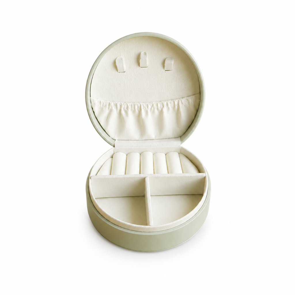 Boîte à Bijoux Ronde en Cuir Vegan pour Voyage et Quotidien