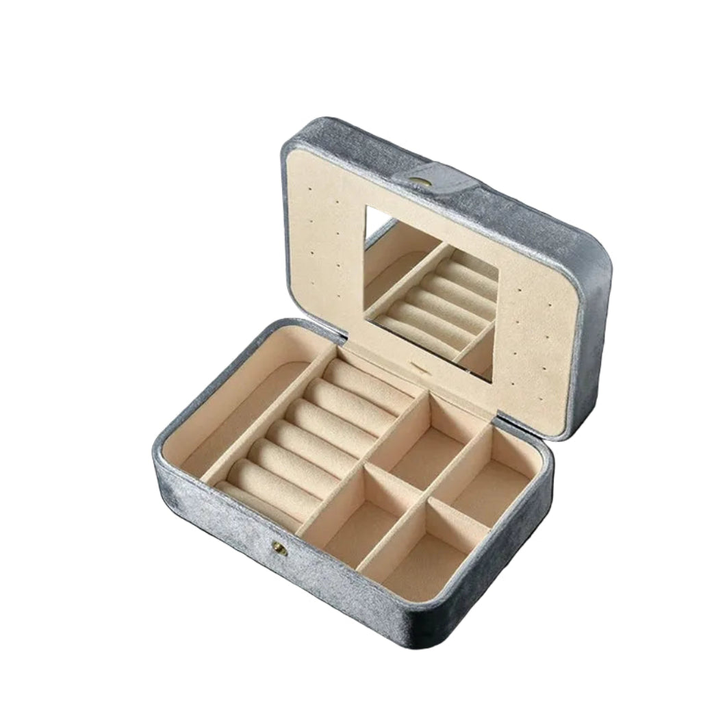 Boîte À Bijoux Velours Avec Miroir – Compact & Élégant Gris Perle