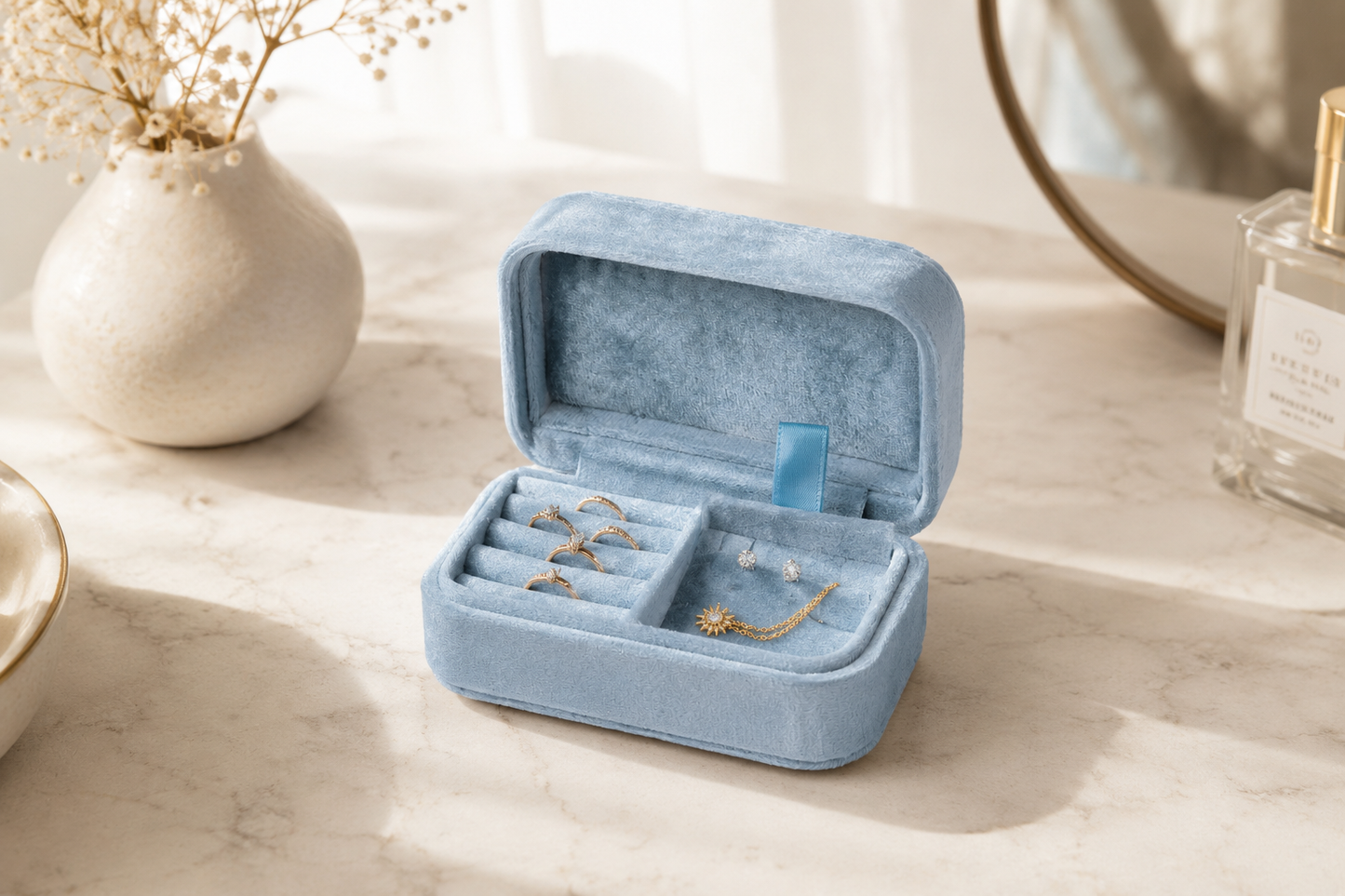 Boîte à Bijoux Velours Compacte – Rangement Voyage Bagues, Boucles & Collier 3