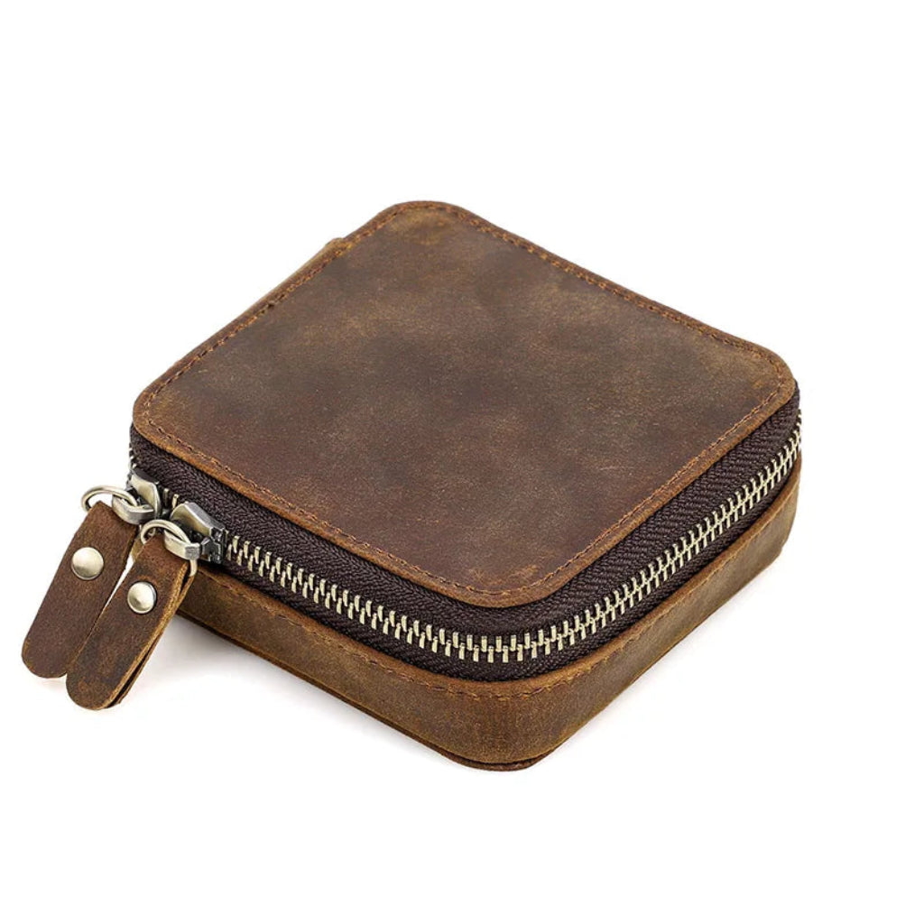 Boîte à Bijoux Vintage en Cuir Véritable Marron – Rangement Compact Bijoux