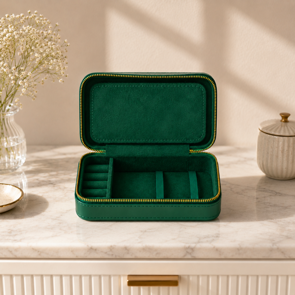Boîte à Bijoux de Voyage en Cuir Vegan – Rangement Bagues, Colliers & Montres 1