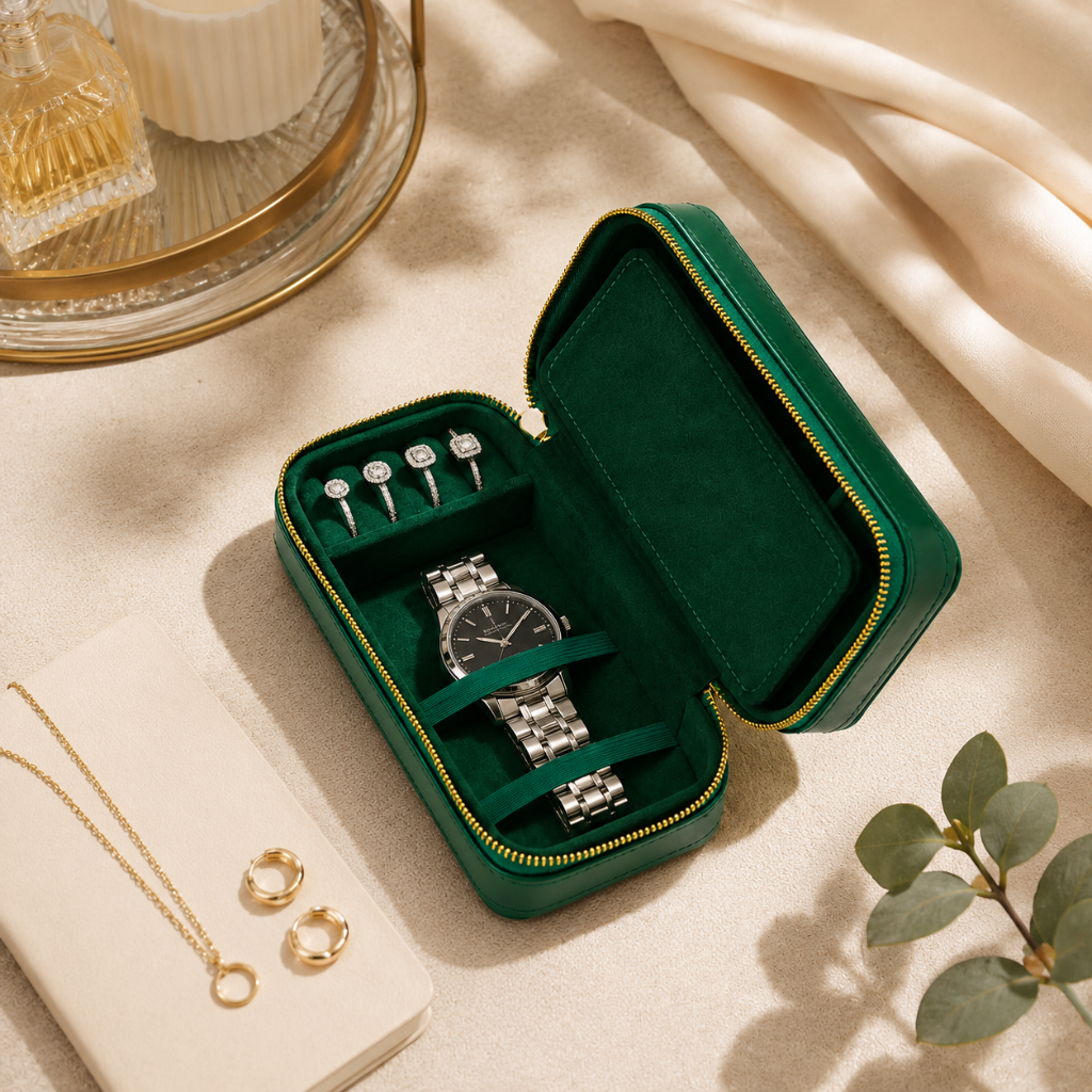 Boîte à Bijoux de Voyage en Cuir Vegan – Rangement Bagues, Colliers & Montres 2