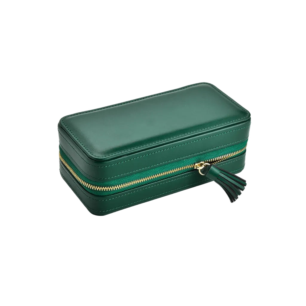 Boîte à Bijoux de Voyage en Cuir Vegan – Rangement Bagues, Colliers & Montres Vert Émeraude