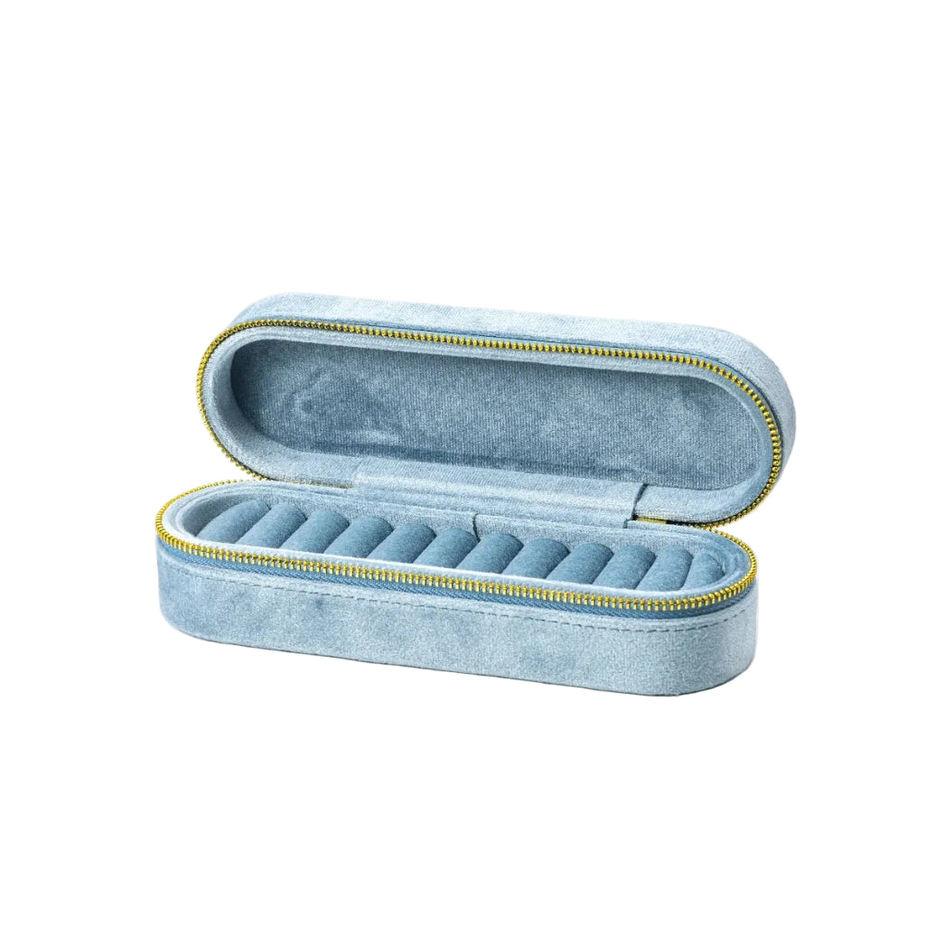 Boîte à Bijoux de Voyage en Velours – Rangement Compact pour Bagues & Bijoux Bleu Ciel