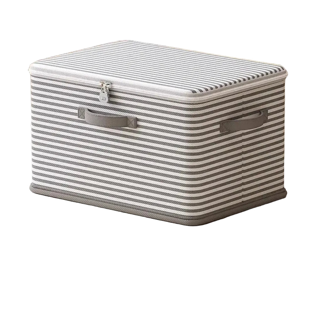 Boîte de Rangement Sécurisée avec Cadenas à Code - Coffre Pliable Rayé Gris et Blanc pour Vêtements, Couvertures et Jouets 50x35x30cm
