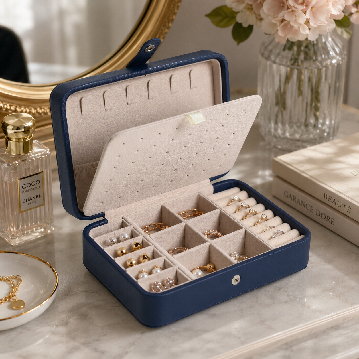 Boîte à Bijoux en Cuir Double Compartiment – Rangement Élégant et Compact
