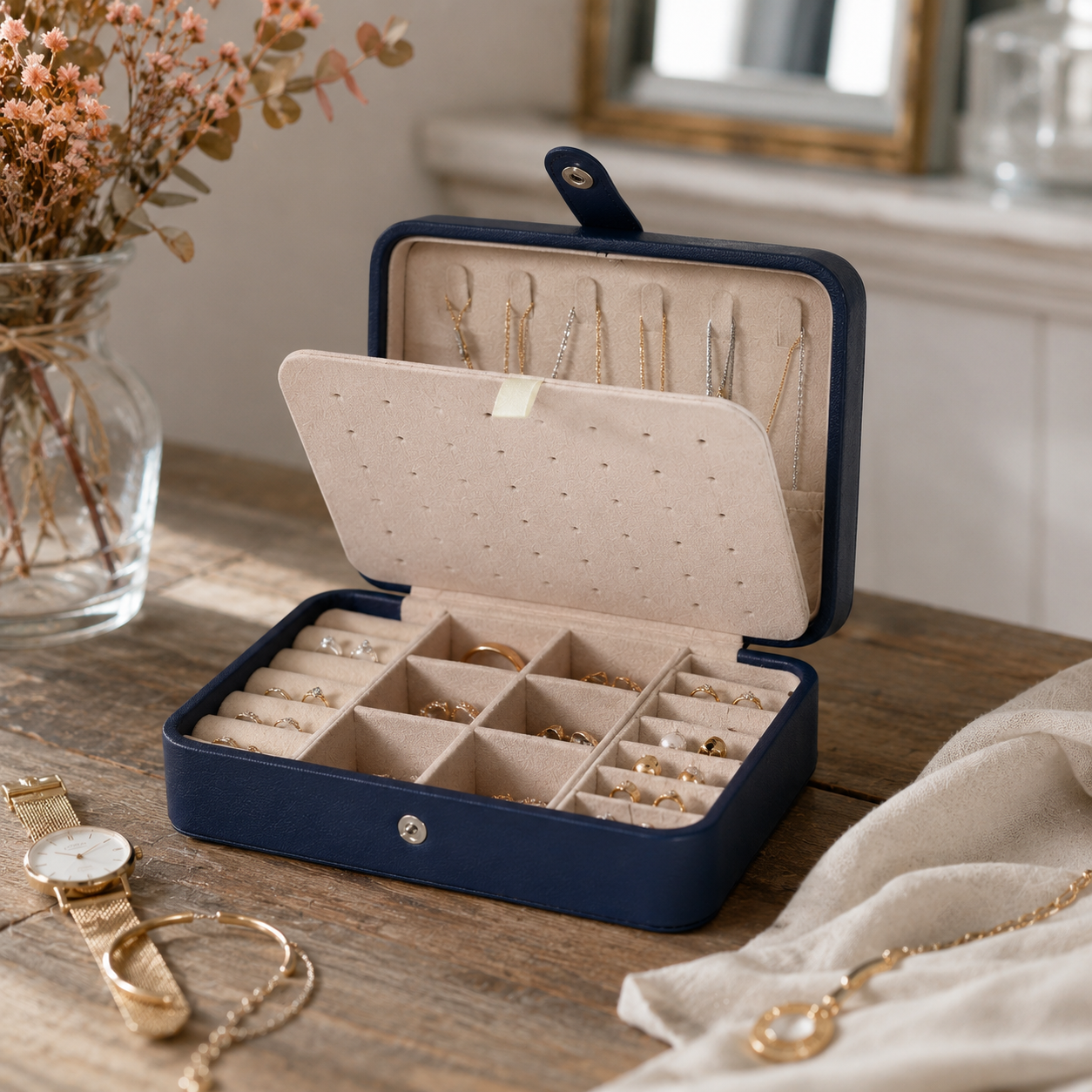 Boîte à Bijoux en Cuir Double Compartiment – Rangement Élégant et Compact