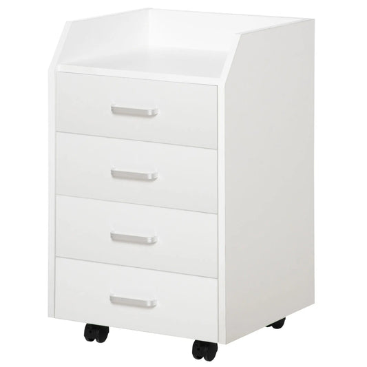 Caisson Bureau Blanc à Roulettes, 4 Tiroirs & Plateau à Rebord