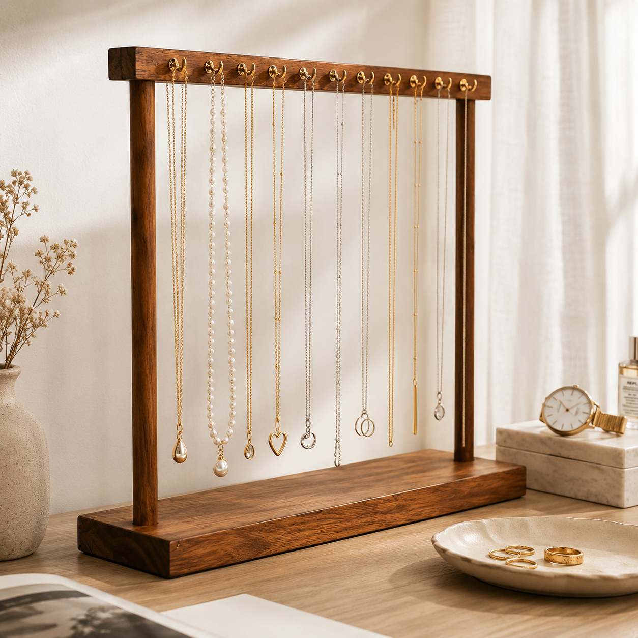 Porte-Bijoux Bois Noyer À Crochets Dorés — 30 Cm Et 40 Cm