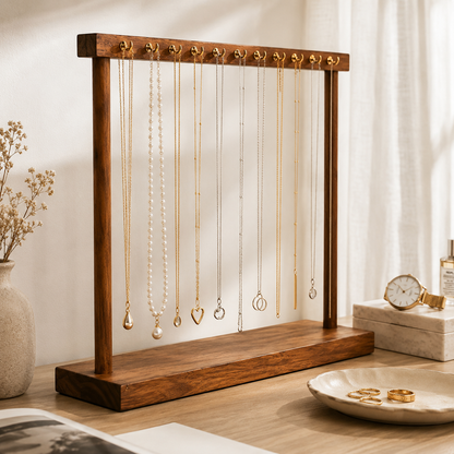 Porte-Bijoux Bois Noyer À Crochets Dorés — 30 Cm Et 40 Cm