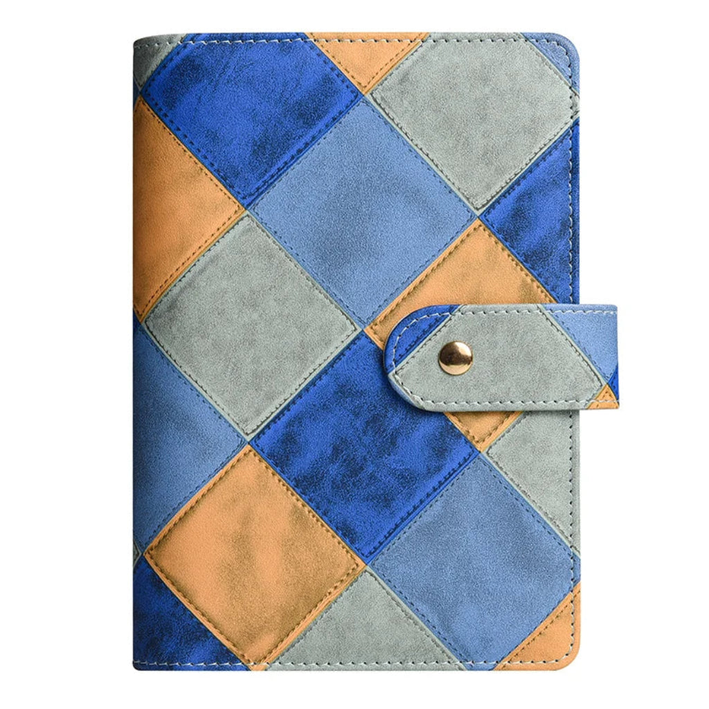 Classeur A6 Cuir PU Patchwork Rétro 6 Anneaux Bleu Camel