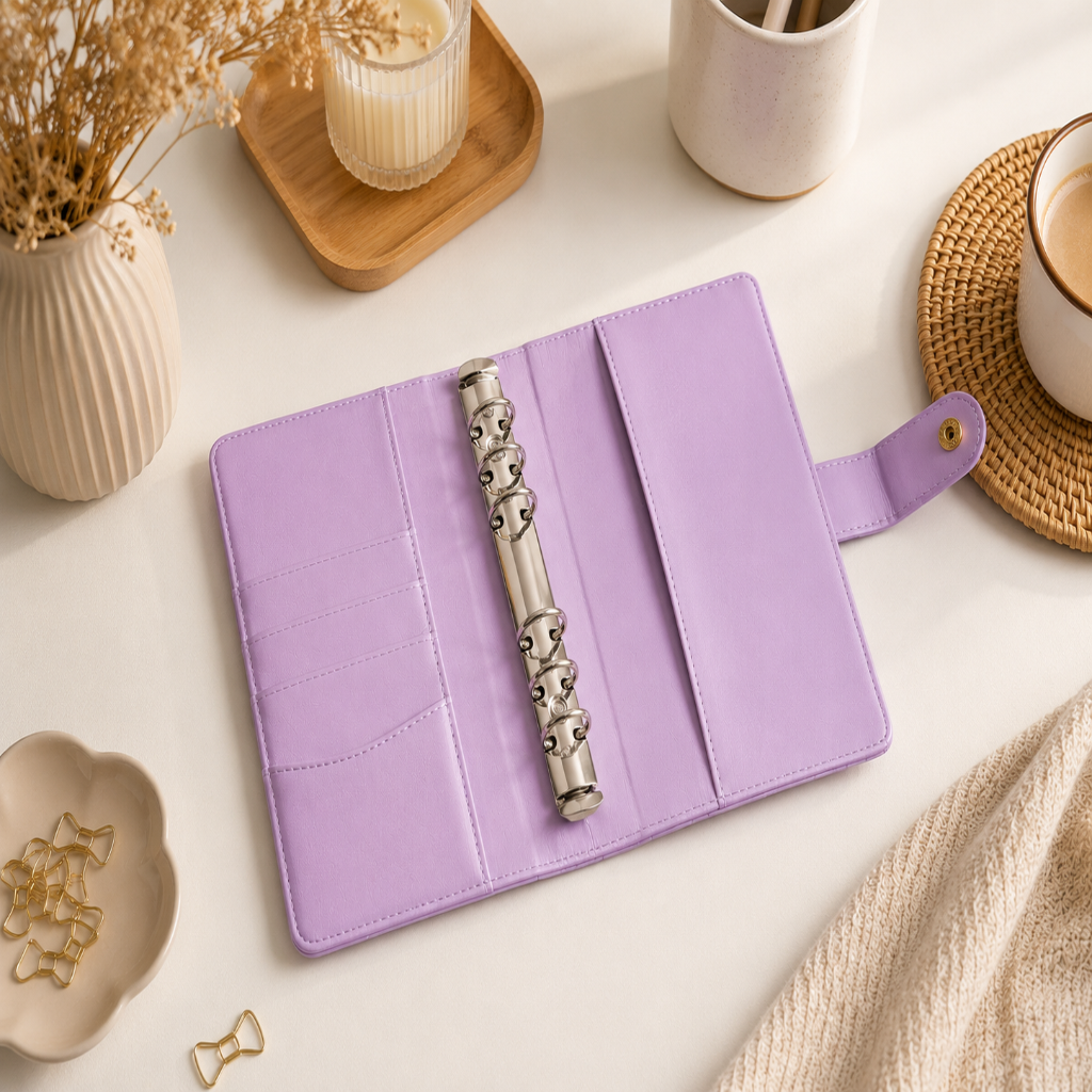 Classeur à Anneaux A6 en Simili Cuir Tressé Élégant — Budget & Cartes Violet.