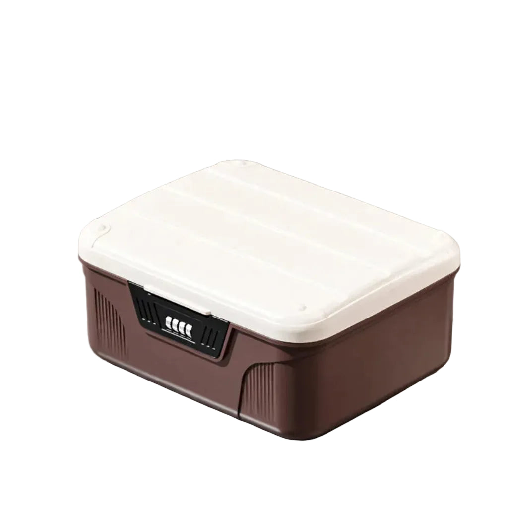 Coffre de Rangement Sécurisé à Code 4 Chiffres - Boîte de Stockage Verrouillable en ABS pour Documents, Bijoux et Objets de Valeur Marron Petit Modèle 
