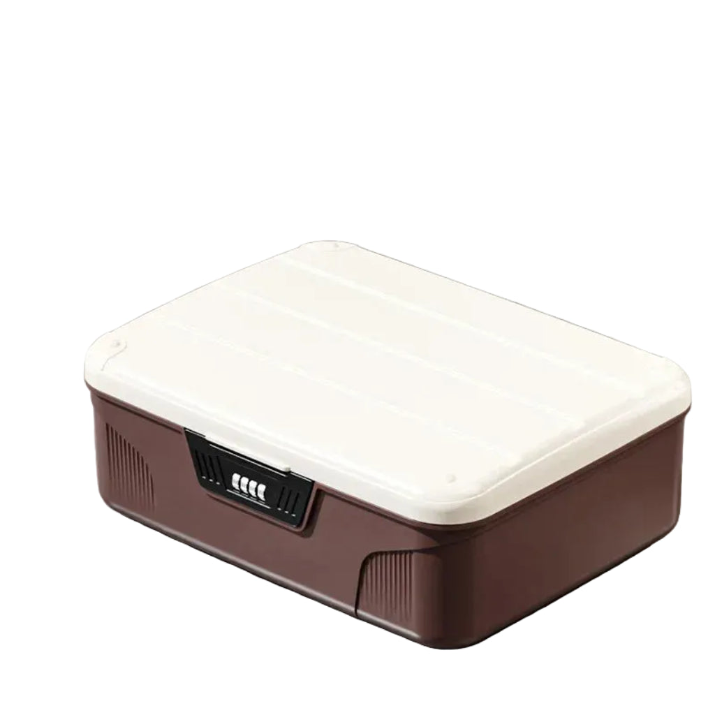 Coffre de Rangement Sécurisé à Code 4 Chiffres - Boîte de Stockage Verrouillable en ABS pour Documents, Bijoux et Objets de Valeur Marron Modèle Moyen