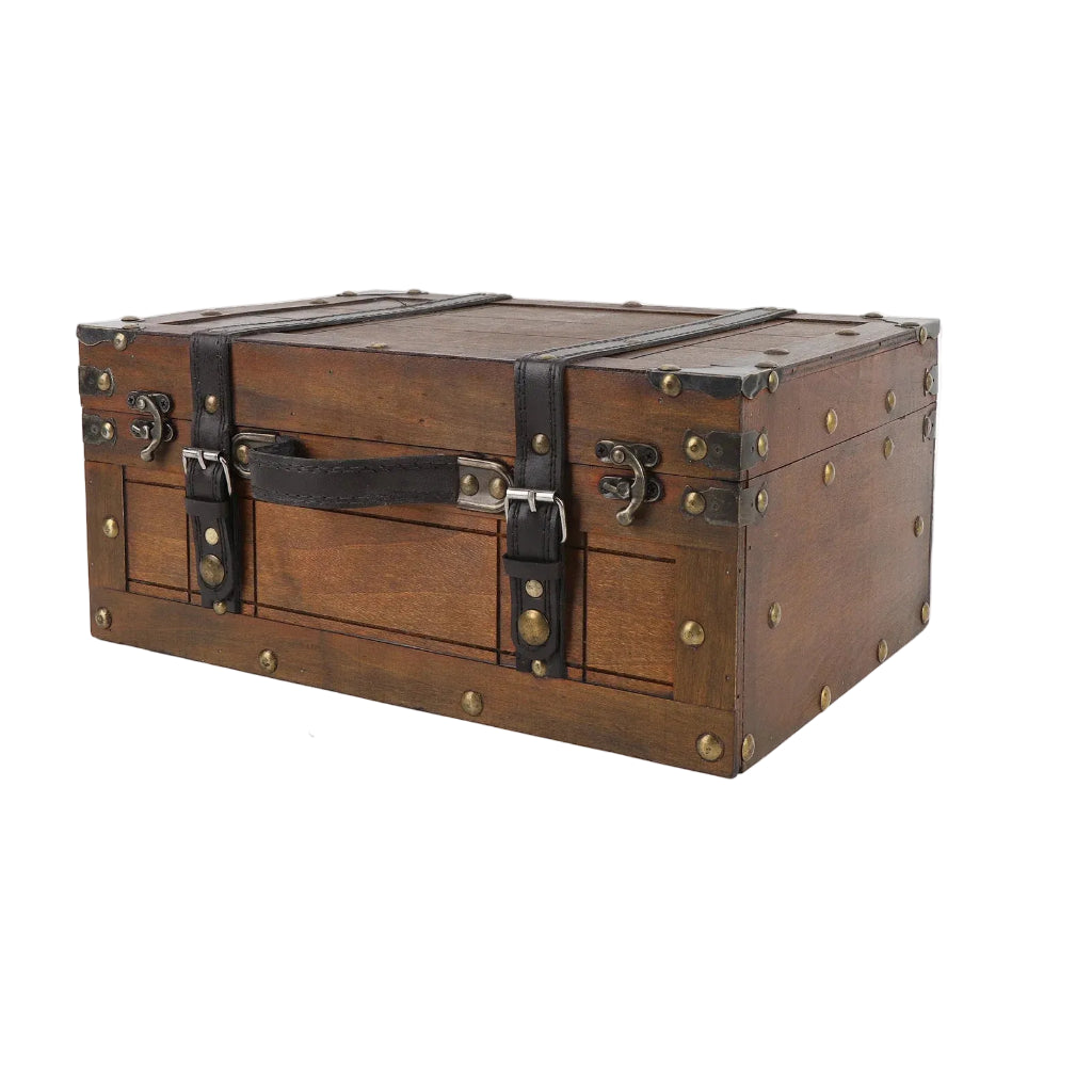 Coffre de Rangement Vintage en Bois – Décoratif Style Rétro avec Poignée Cuir 34x24x15cm