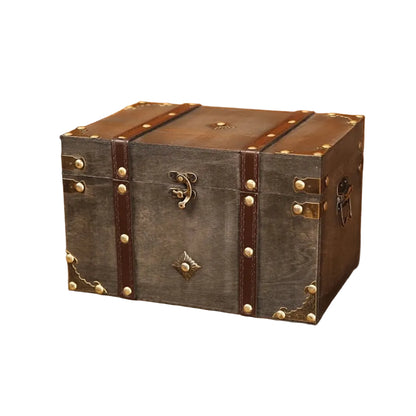 Coffre de Rangement Vintage en Bois avec Serrure Décorative Gris Extra Large – Style Trésor