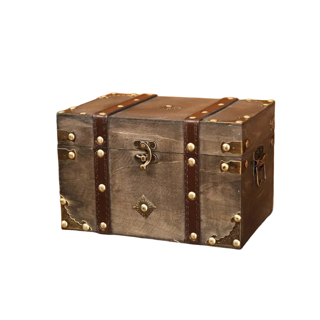 Coffre de Rangement Vintage en Bois avec Serrure Décorative Gris Large – Style Trésor