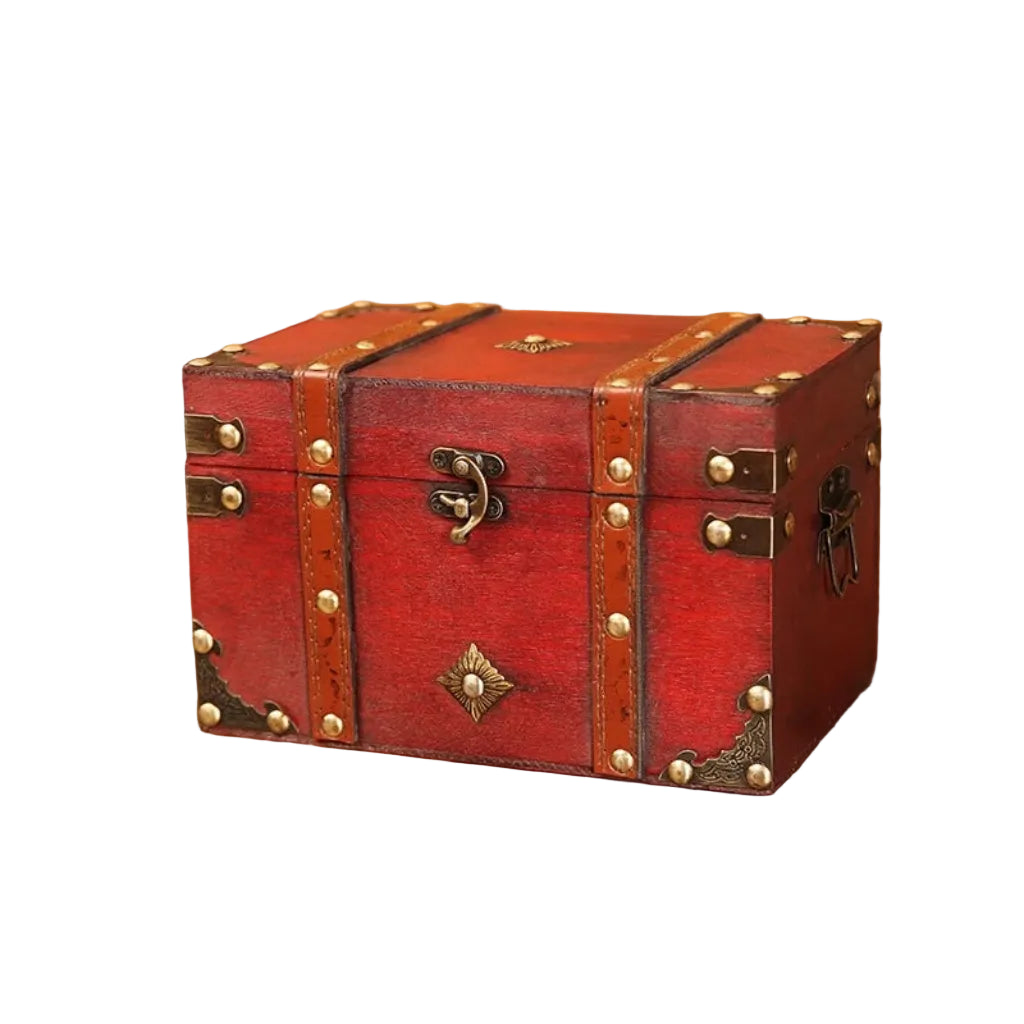 Coffre de Rangement Vintage en Bois avec Serrure Décorative Rouge Large – Style Trésor