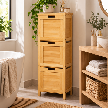 Meuble Salle de Bain Bambou Naturel, 3 Tiroirs Amovibles