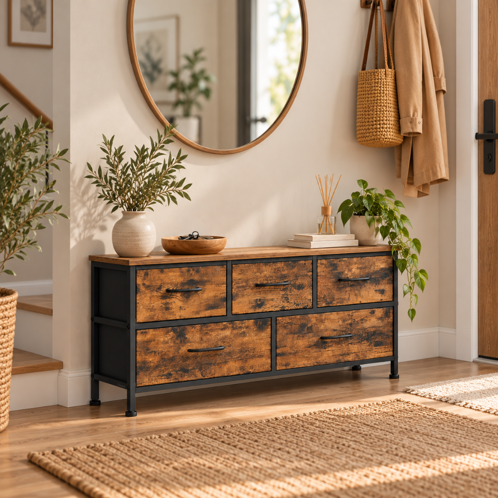 Commode 5 Tiroirs Bois Rustique & Acier Noir, Format Large 1