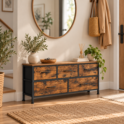 Commode 5 Tiroirs Bois Rustique & Acier Noir, Format Large 1
