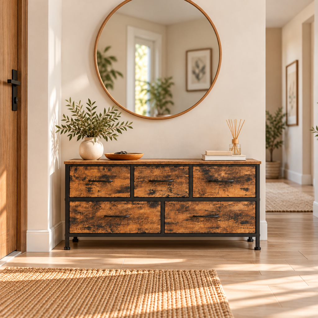 Commode 5 Tiroirs Bois Rustique & Acier Noir, Format Large 2
