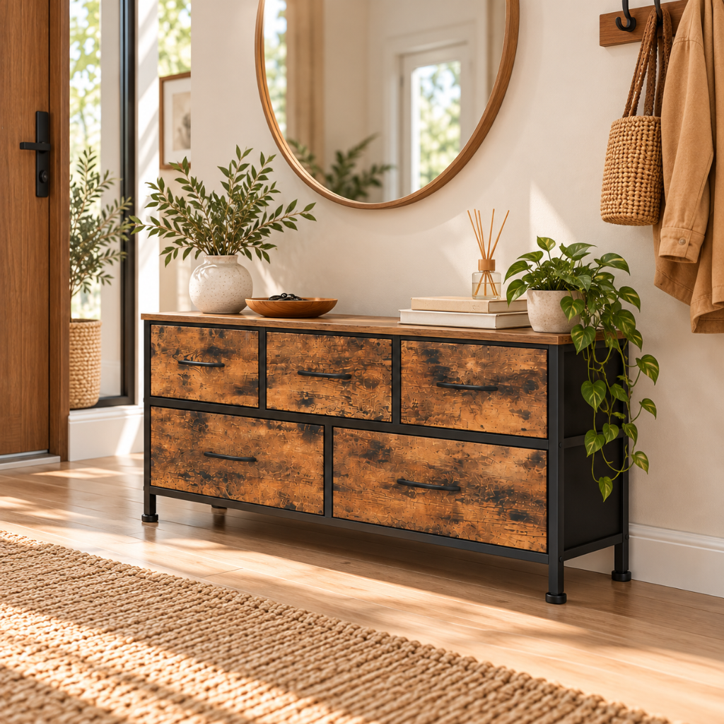 Commode 5 Tiroirs Bois Rustique & Acier Noir, Format Large 3