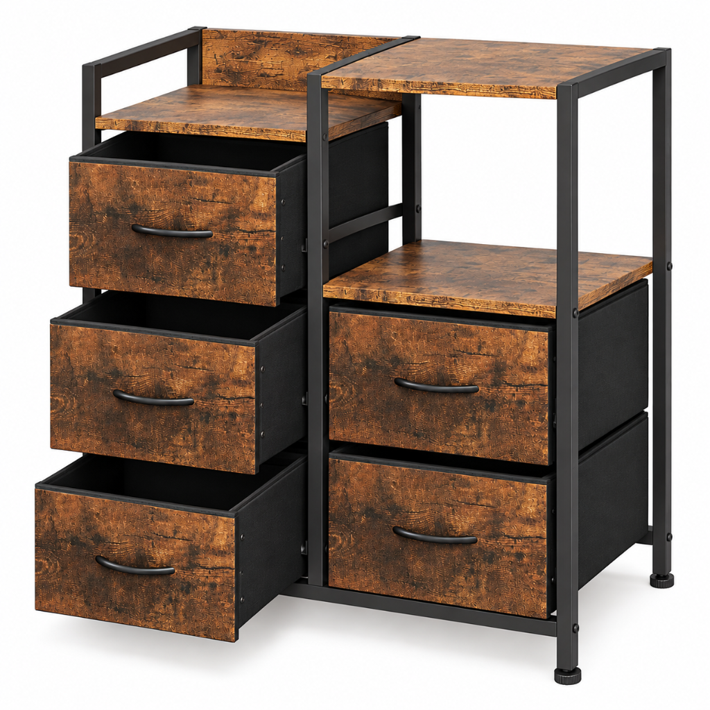 Commode 5 Tiroirs Noyer Rustique & Métal Noir, Compartiment Ouvert