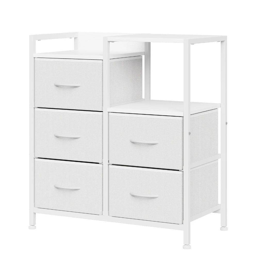 Commode 5 Tiroirs Noyer Rustique & Métal Noir, Compartiment Ouvert Blanc