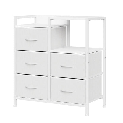 Commode 5 Tiroirs Noyer Rustique & Métal Noir, Compartiment Ouvert Blanc