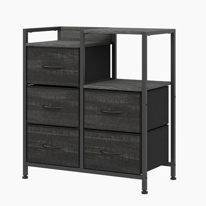 Commode 5 Tiroirs Noyer Rustique & Métal Noir, Compartiment Ouvert Noir