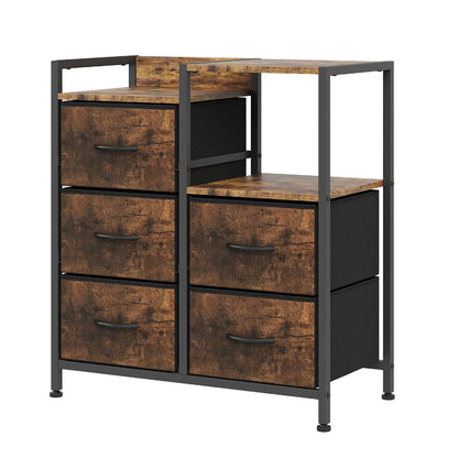 Commode 5 Tiroirs Noyer Rustique & Métal Noir, Compartiment Ouvert Noyer Rustique