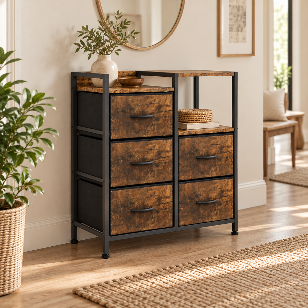 Commode 5 Tiroirs Noyer Rustique & Métal Noir, Compartiment Ouvert Noyer Rustique 1