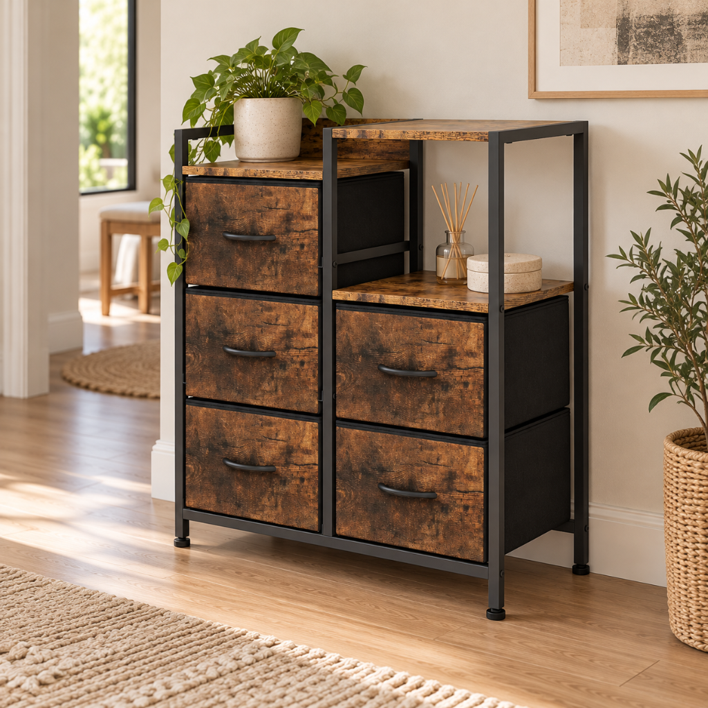 Commode 5 Tiroirs Noyer Rustique & Métal Noir, Compartiment Ouvert Noyer Rustique 2