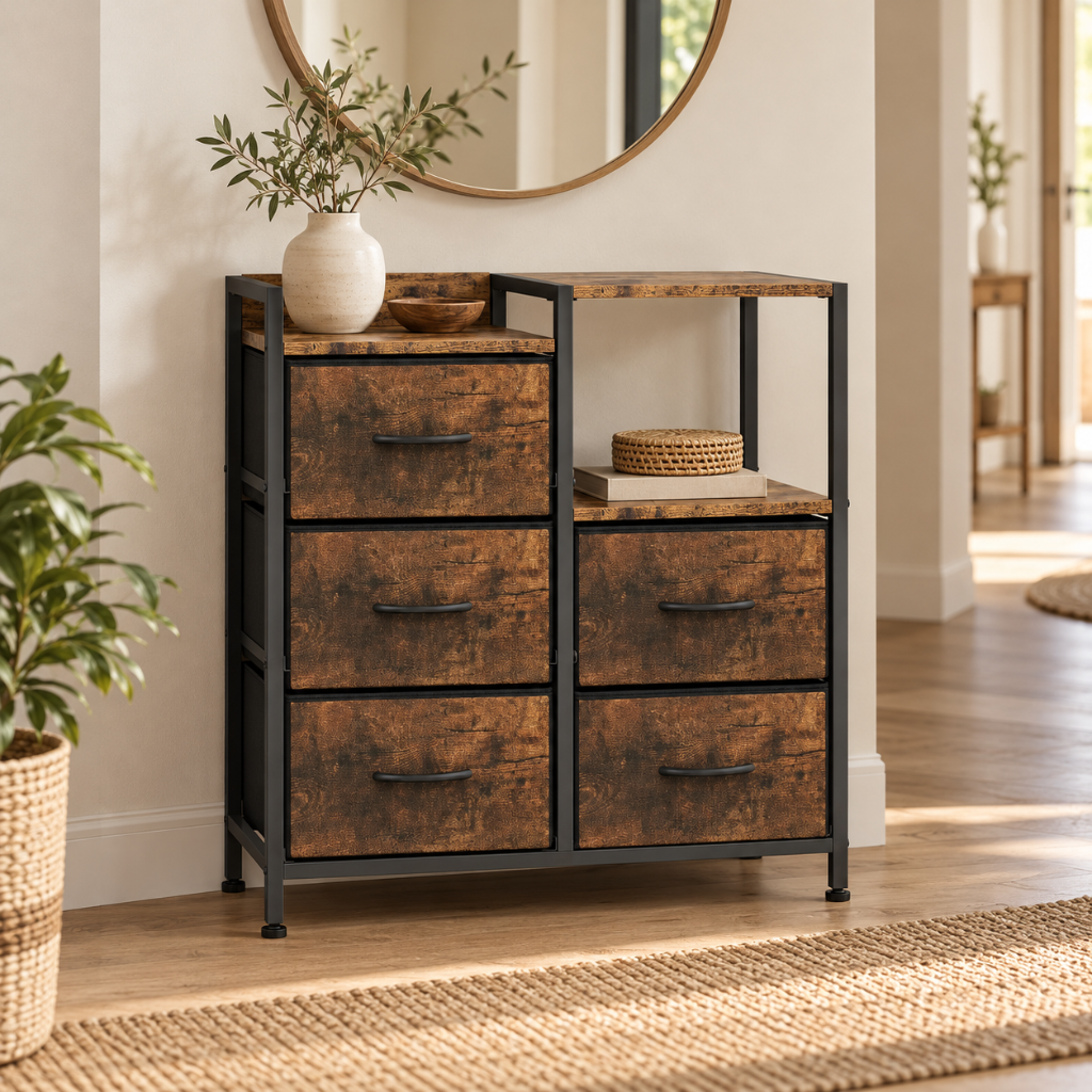 Commode 5 Tiroirs Noyer Rustique & Métal Noir, Compartiment Ouvert Noyer Rustique 3
