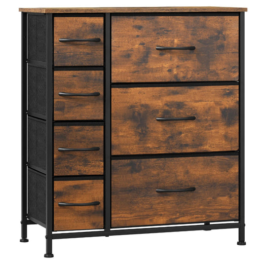 Commode 7 Tiroirs Bois Rustique & Métal Noir, Tissu Double Couche