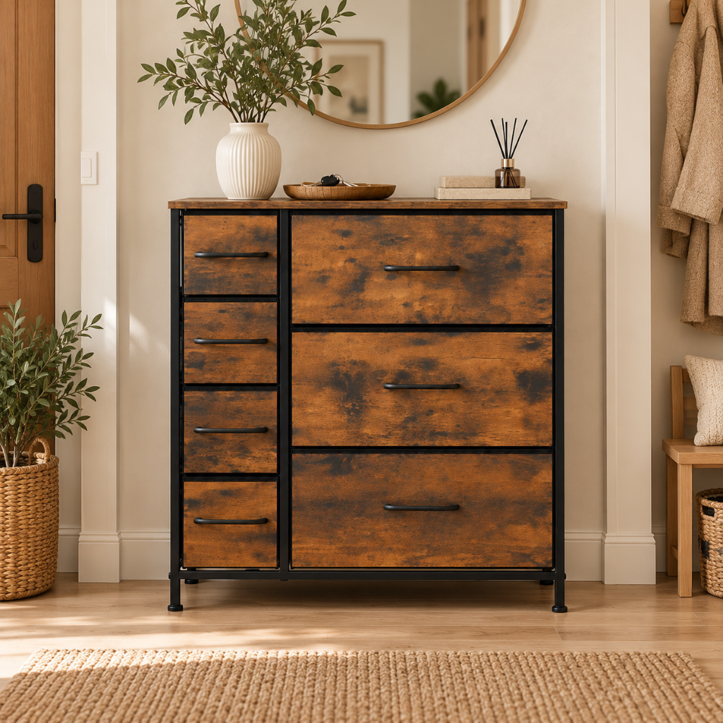 Commode 7 Tiroirs Bois Rustique & Métal Noir, Tissu Double Couche 2