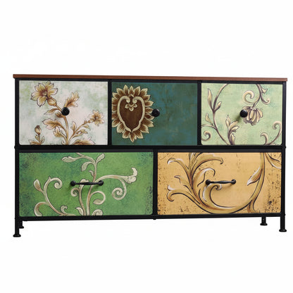 Commode Bohème Multi-Tiroirs en Tissu Fleuri, Structure Bois & Métal 5 tiroirs