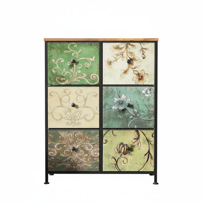 Commode Bohème Multi-Tiroirs en Tissu Fleuri, Structure Bois & Métal 6 tiroirs