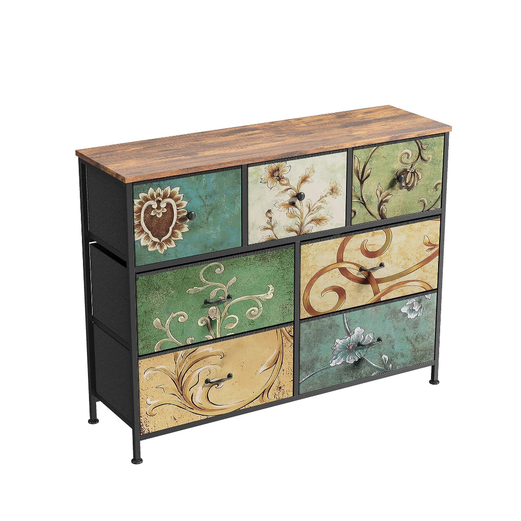 Commode Bohème Multi-Tiroirs en Tissu Fleuri, Structure Bois & Métal 7 tiroirs