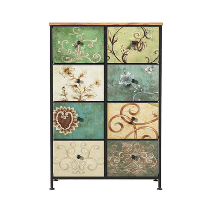 Commode Bohème Multi-Tiroirs en Tissu Fleuri, Structure Bois & Métal 8 tiroirs