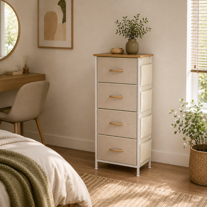 Commode Chambre 4 Tiroirs Vert Sauge, Chevet XXL Bois Naturel 1