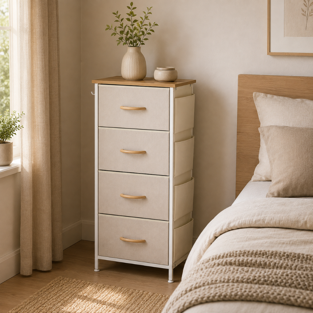 Commode Chambre 4 Tiroirs Vert Sauge, Chevet XXL Bois Naturel 2