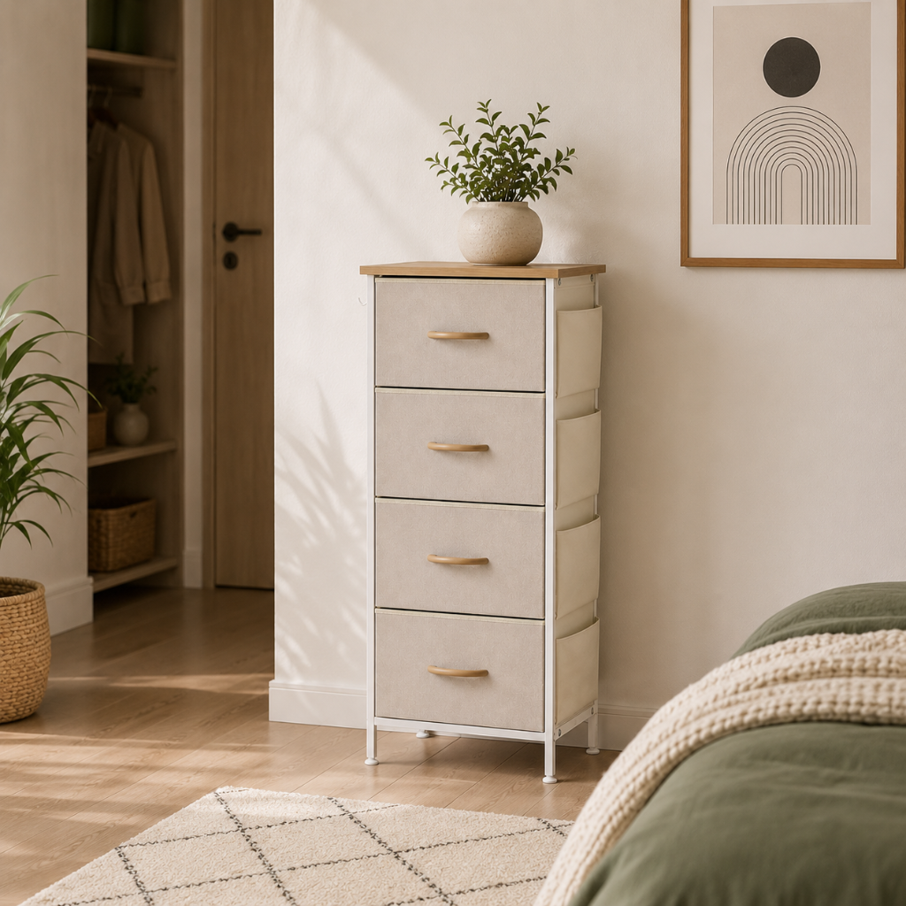 Commode Chambre 4 Tiroirs Vert Sauge, Chevet XXL Bois Naturel 3
