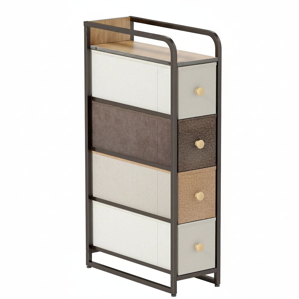 Commode Étroite 4 Tiroirs en Tissu Multicolore et Structure Métallique