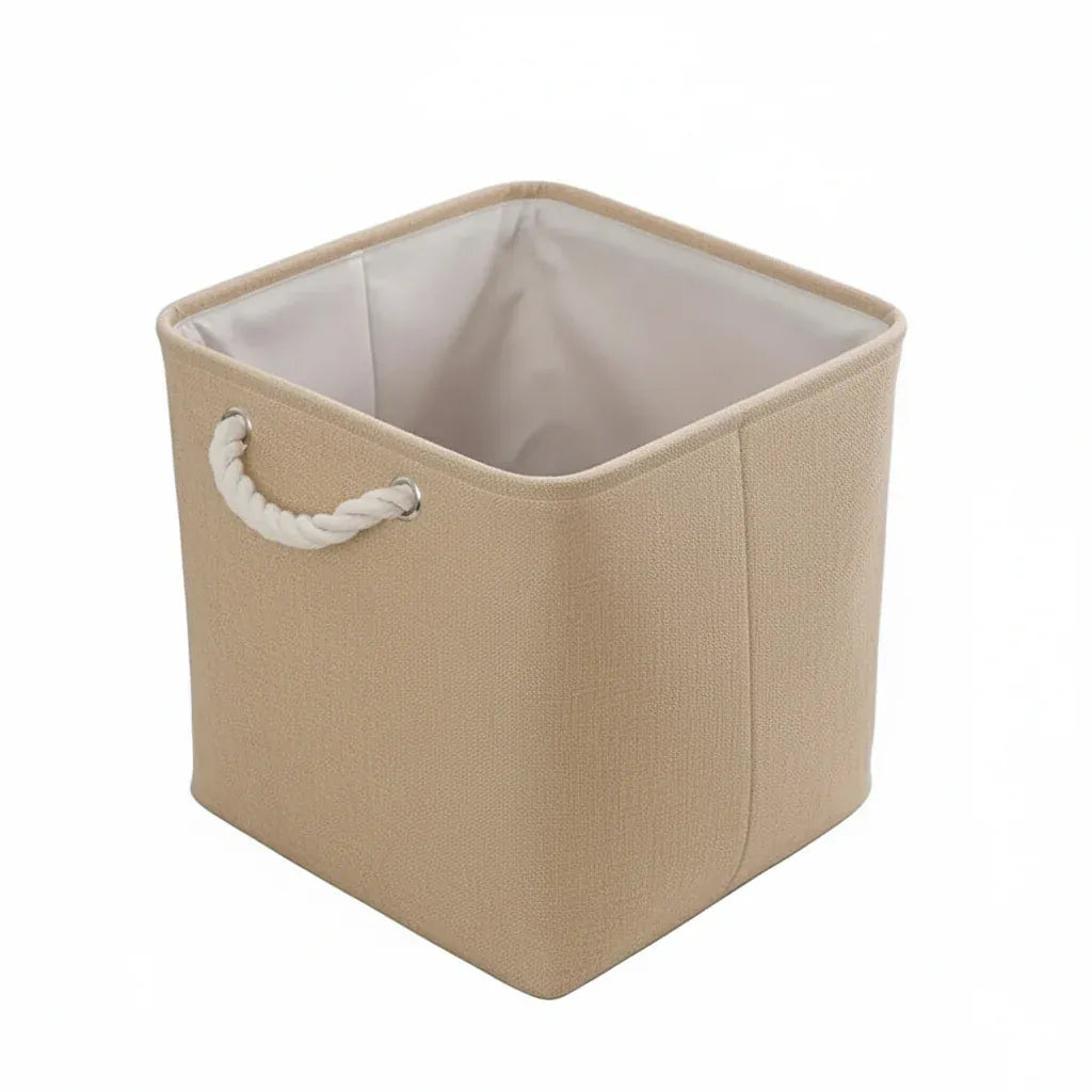 Cube de Rangement Pliable en Tissu Beige – Boîte de Rangement Cubique avec Poignées Tressées Anti-Poussière