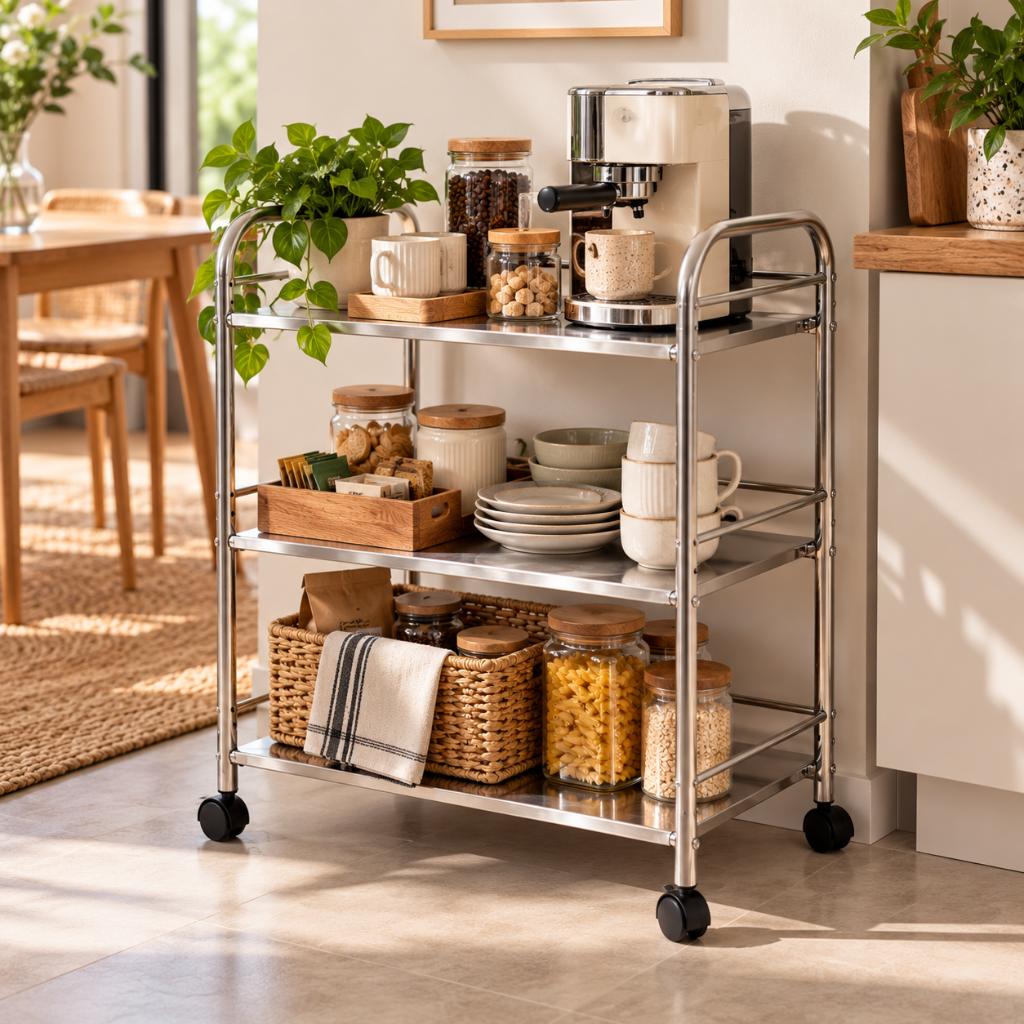Desserte de Cuisine Inox à Roulettes, 3 Niveaux avec Rambardes 1