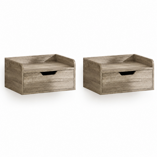 Duo de Tables de Chevet Suspendues Grises en Bois — Design Flottant Sans Perçage.
