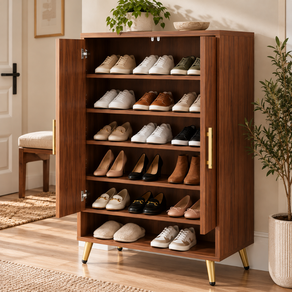 Meuble à Chaussures 6 Niveaux Noyer avec Portes et Pieds Dorés 2