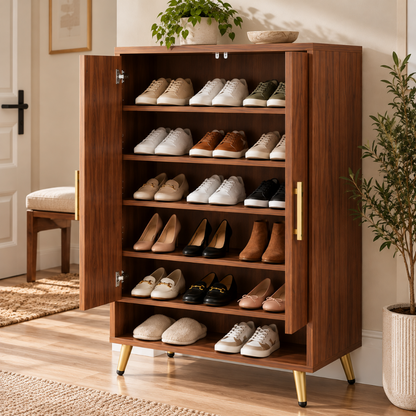 Meuble à Chaussures 6 Niveaux Noyer avec Portes et Pieds Dorés 2